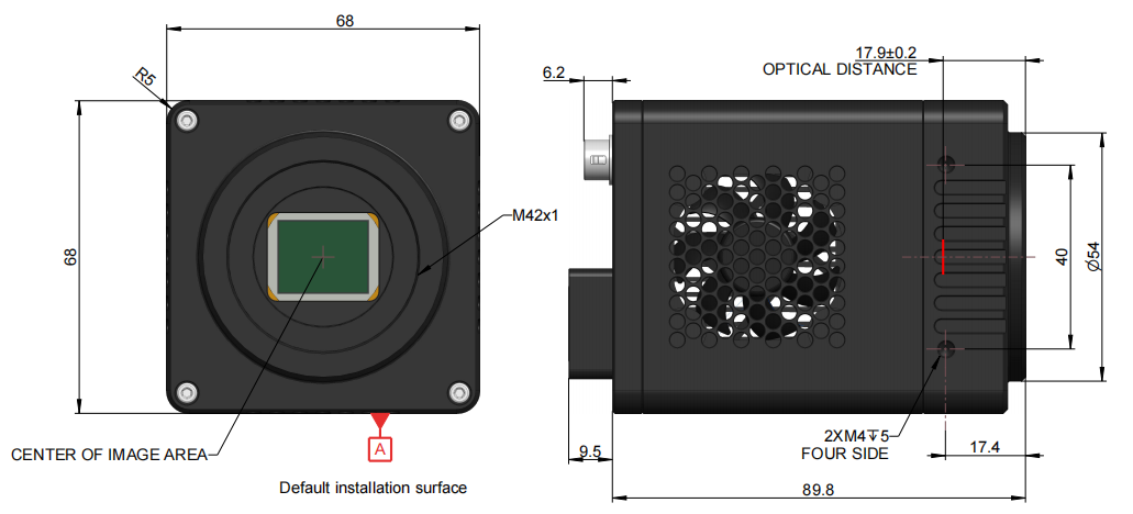 The Front and side view dimensions of the GigE interface camera