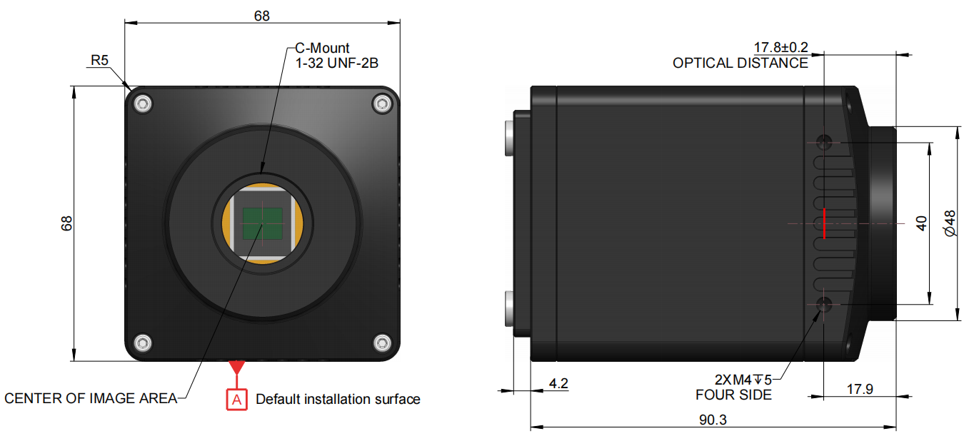 The Front and side view dimensions of the USB interface camera