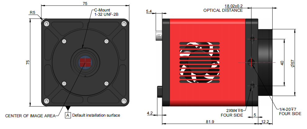 SWIR series CameraLink interface Cooled Camera dimensions(mm)